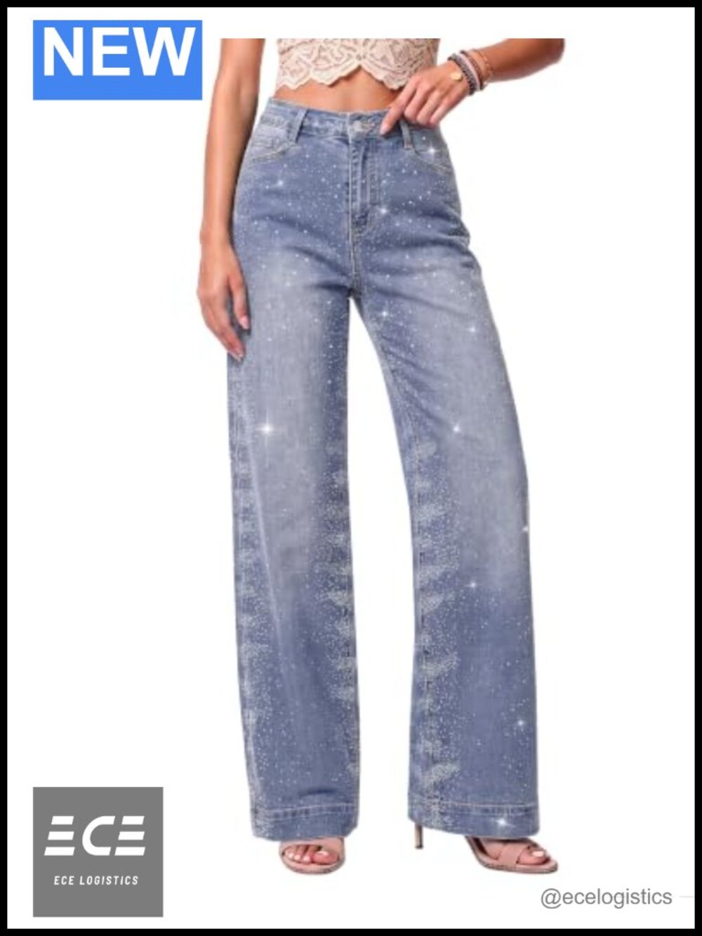 Wide Leg High Waist Stretchy Rhinestone Embellished Denim Jeans